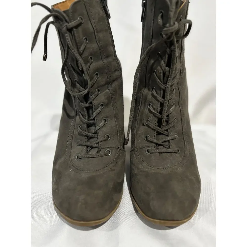 Women’s Faux Suede Olive Green booties boots zipper Ties block heel Sz 8.5 Class